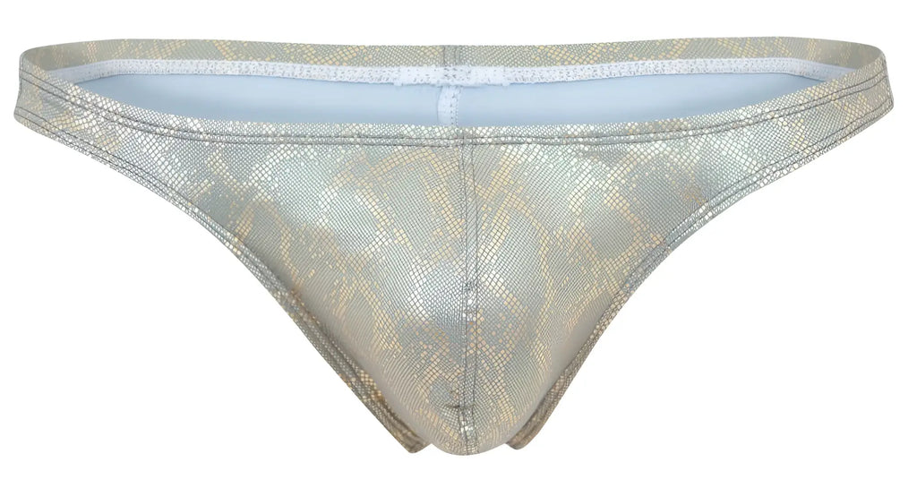 Shiny metallic gold snake skin patterned thong with white lace trim and light blue interior lining clever 2063 diamond