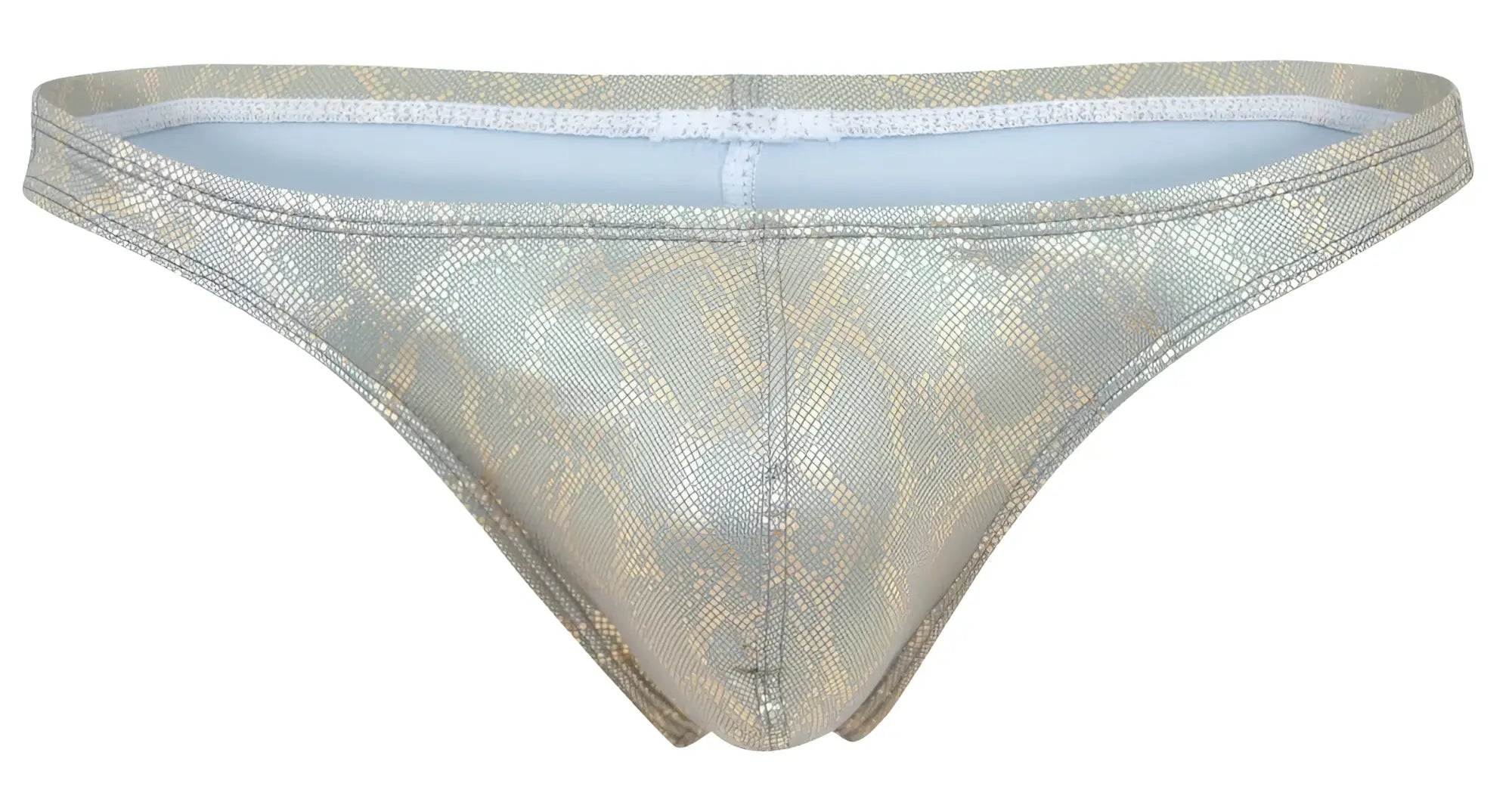 Shiny metallic gold snake skin patterned thong with white lace trim and light blue interior lining clever 2063 diamond
