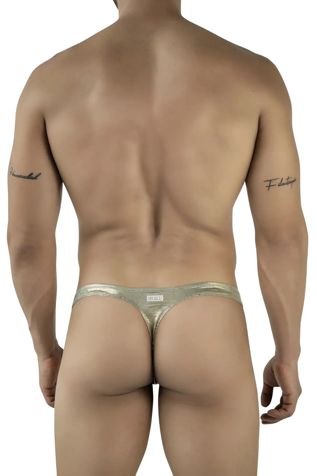 Back view of shiny metallic gold clever 2063 diamond thong with sleek minimalist design and small brand tag