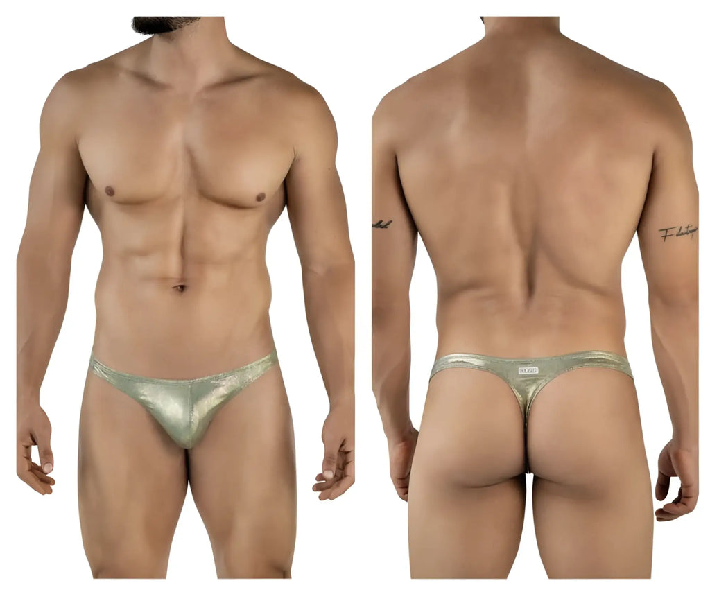 Shiny metallic gold clever 2063 diamond thong with sleek form-fitting design made of gold material