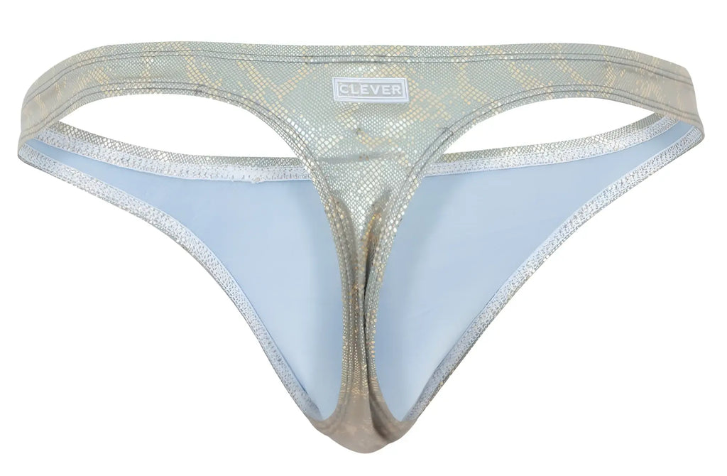 Silver metallic snake scale patterned clever 2063 diamond thong with light blue lining and gold color accents