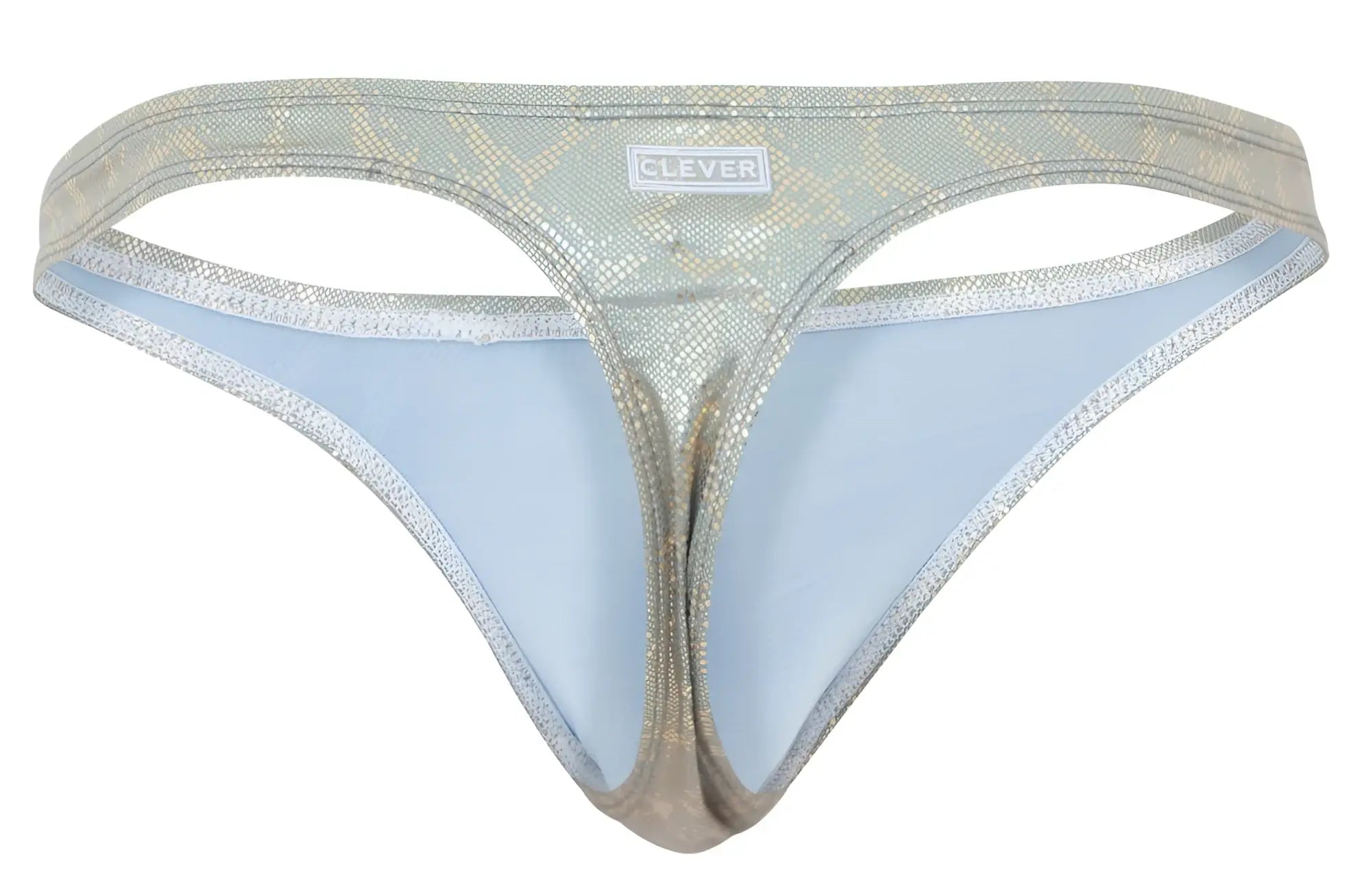 Silver metallic snake scale patterned clever 2063 diamond thong with light blue lining and gold color accents