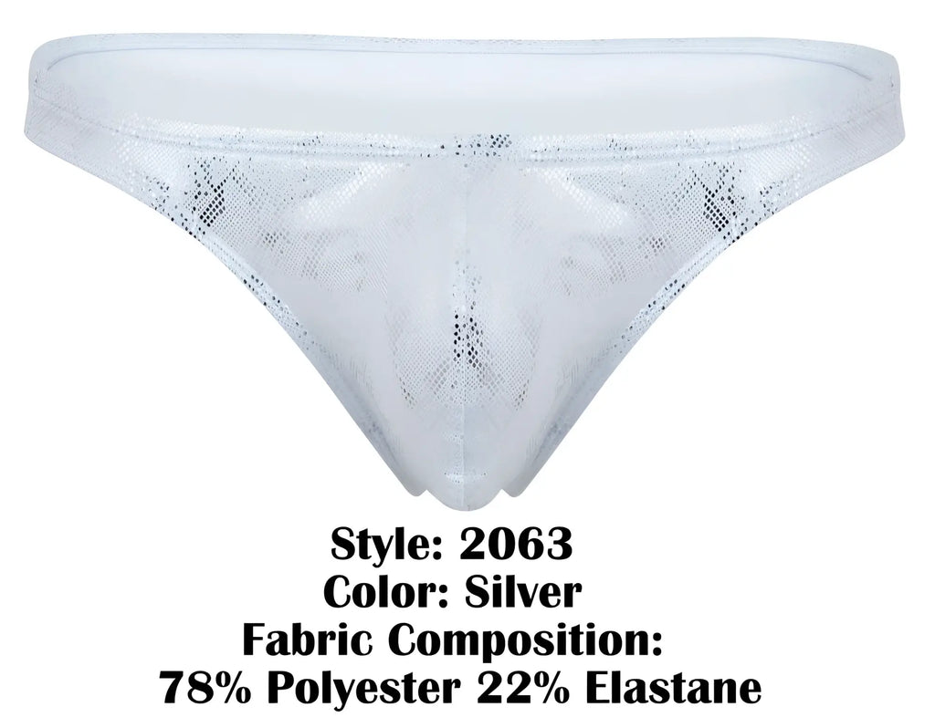 Silver clever 2063 diamond thong with lace trim and shimmering mesh texture featuring a subtle pattern
