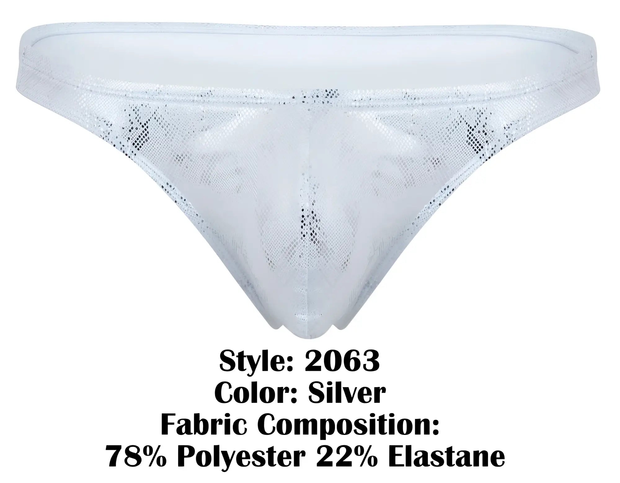 Silver clever 2063 diamond thong with lace trim and shimmering mesh texture featuring a subtle pattern