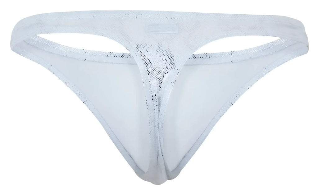White lace thong with silver glitter detailing and subtle mesh pattern from clever 2063 diamond thongs color silver