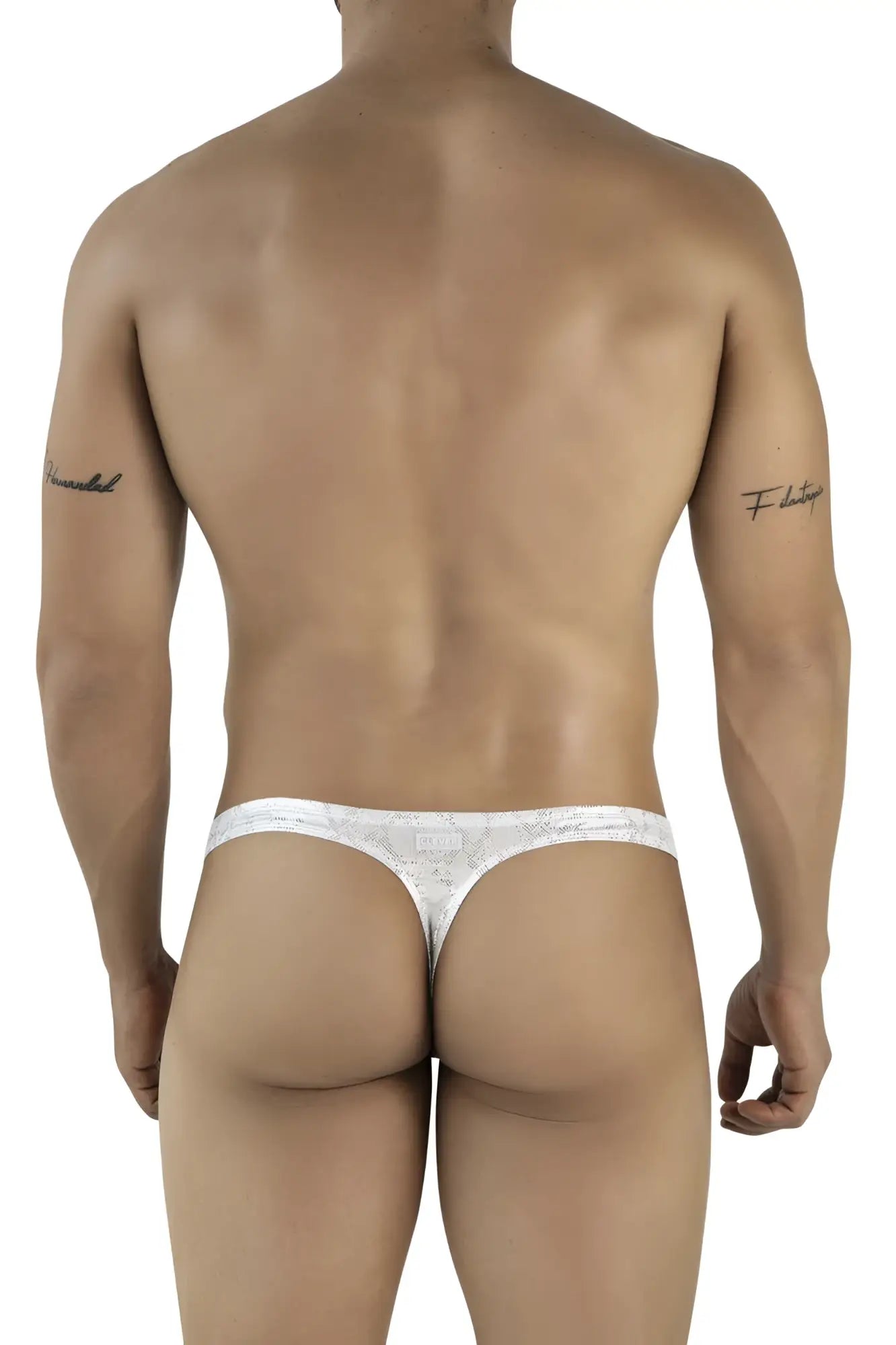 Silver clever 2063 diamond thong in white lace with subtle pattern and thin supportive straps visible from front