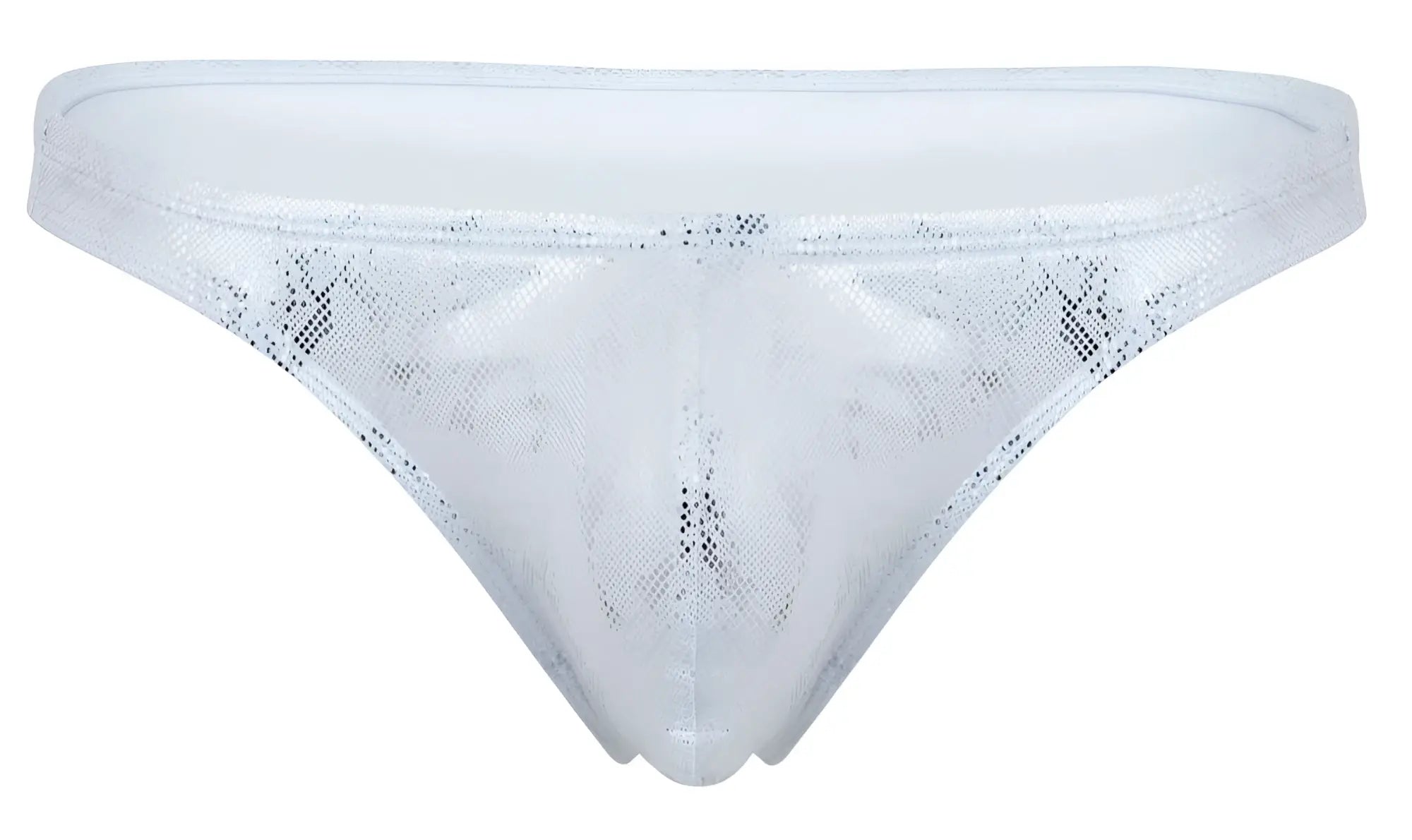 White sequined thong in silver with sheer mesh texture and subtle glittery detailing from clever 2063 diamond thongs