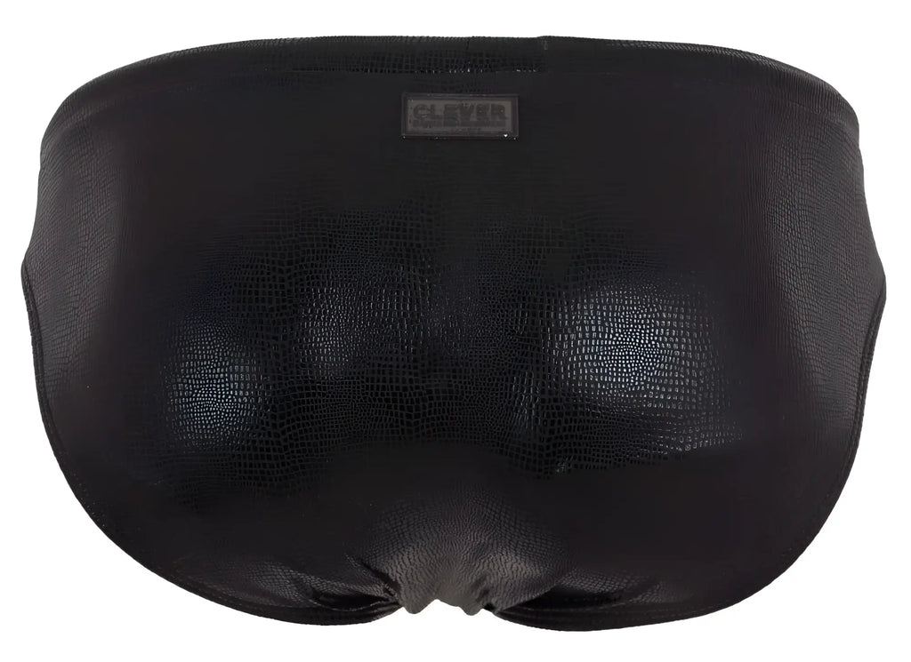 Black clever 2065 gorgona swim briefs in faux leather with crocodile texture and brand tag at the waistband