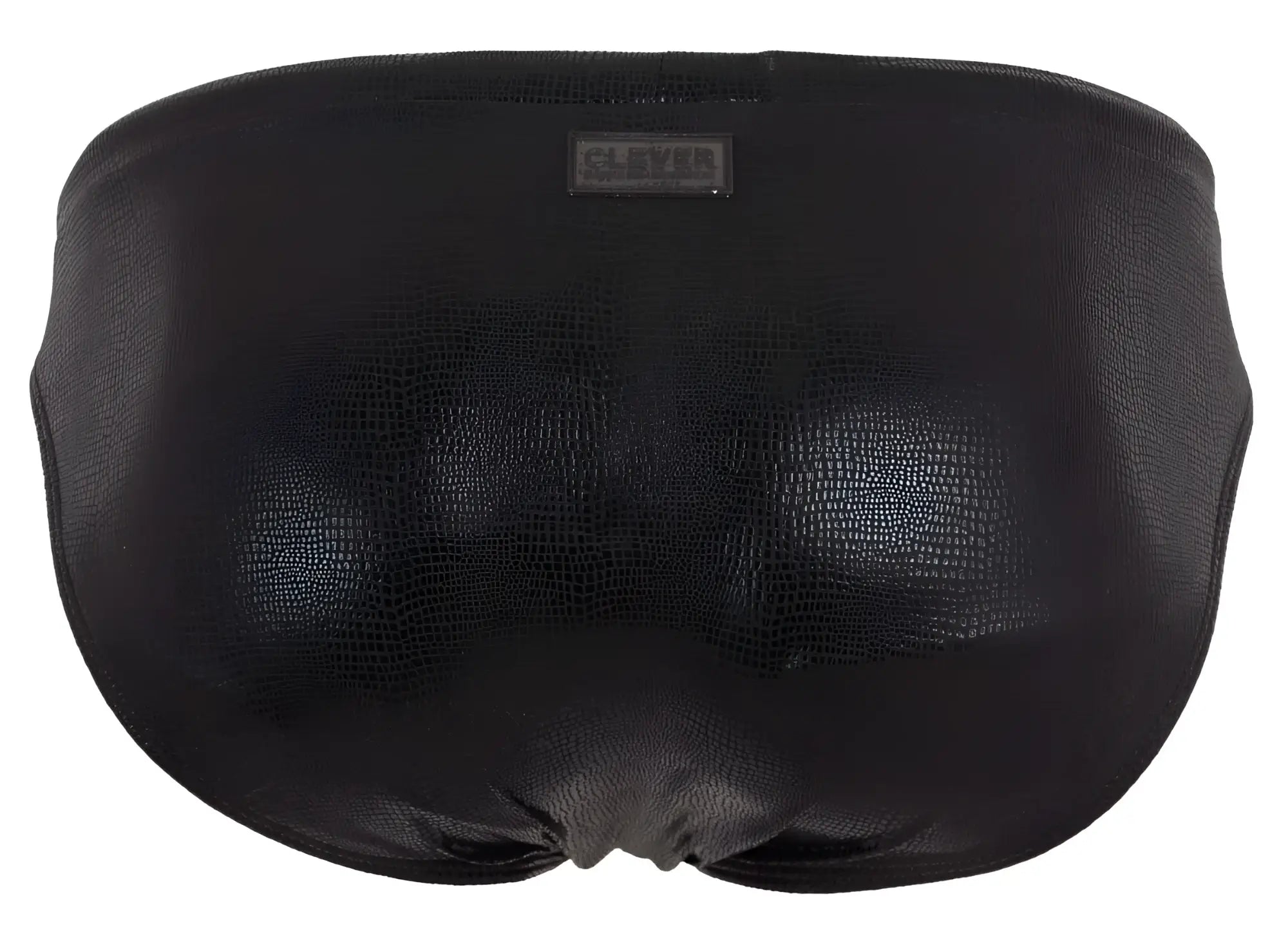 Black clever 2065 gorgona swim briefs in faux leather with crocodile texture and brand tag at the waistband