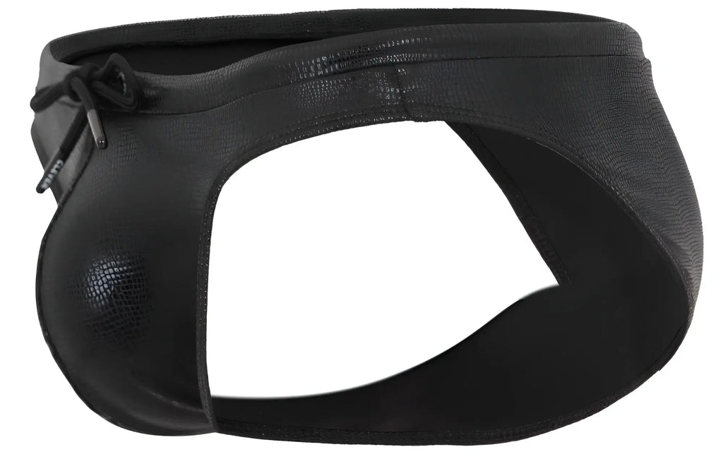Black faux leather clever 2065 gorgona swim briefs with textured glossy finish and adjustable drawstring closure
