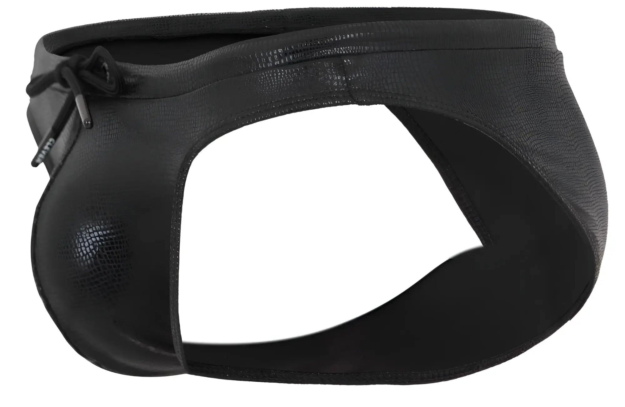 Black faux leather clever 2065 gorgona swim briefs with textured glossy finish and adjustable drawstring closure