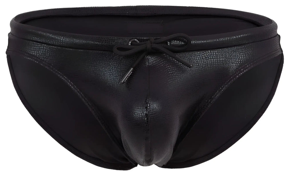 Black clever 2065 gorgona swim briefs with reptile skin texture and matching drawstring bow at the waist