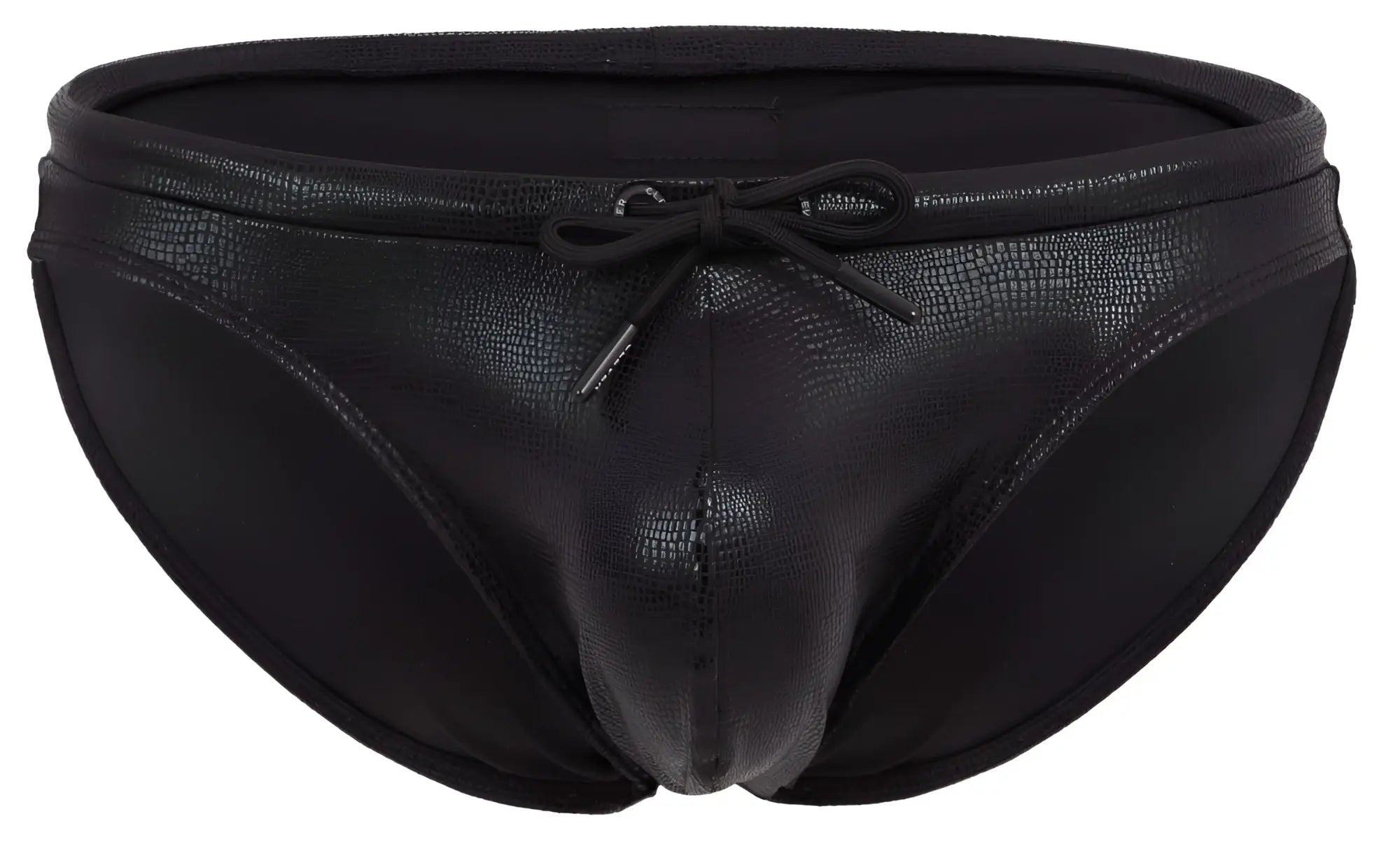 Black clever 2065 gorgona swim briefs with reptile skin texture and matching drawstring bow at the waist