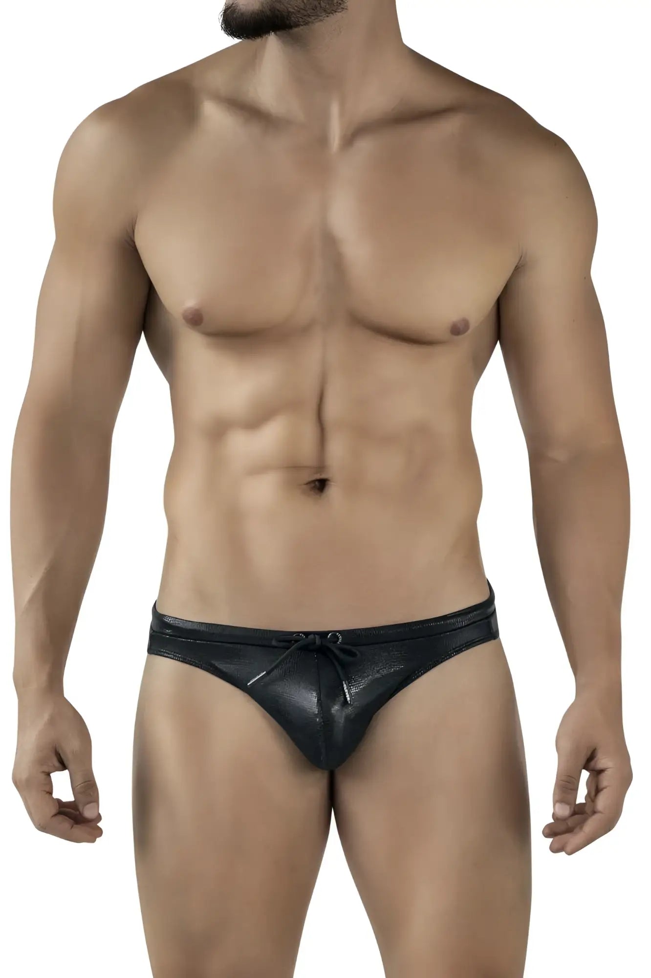 Black textured leather swim briefs with a drawstring waistband clever 2065 gorgona swim briefs color black
