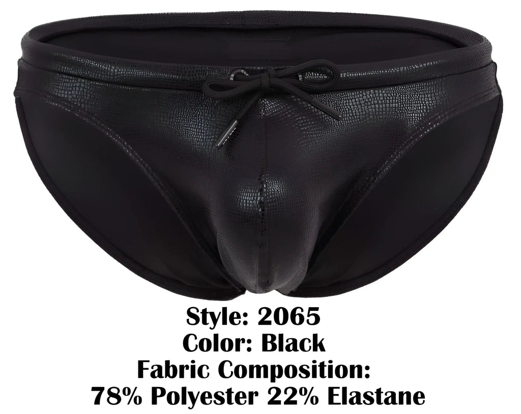 Black clever 2065 gorgona swim briefs with textured faux-leather finish and tied bow at the waistband
