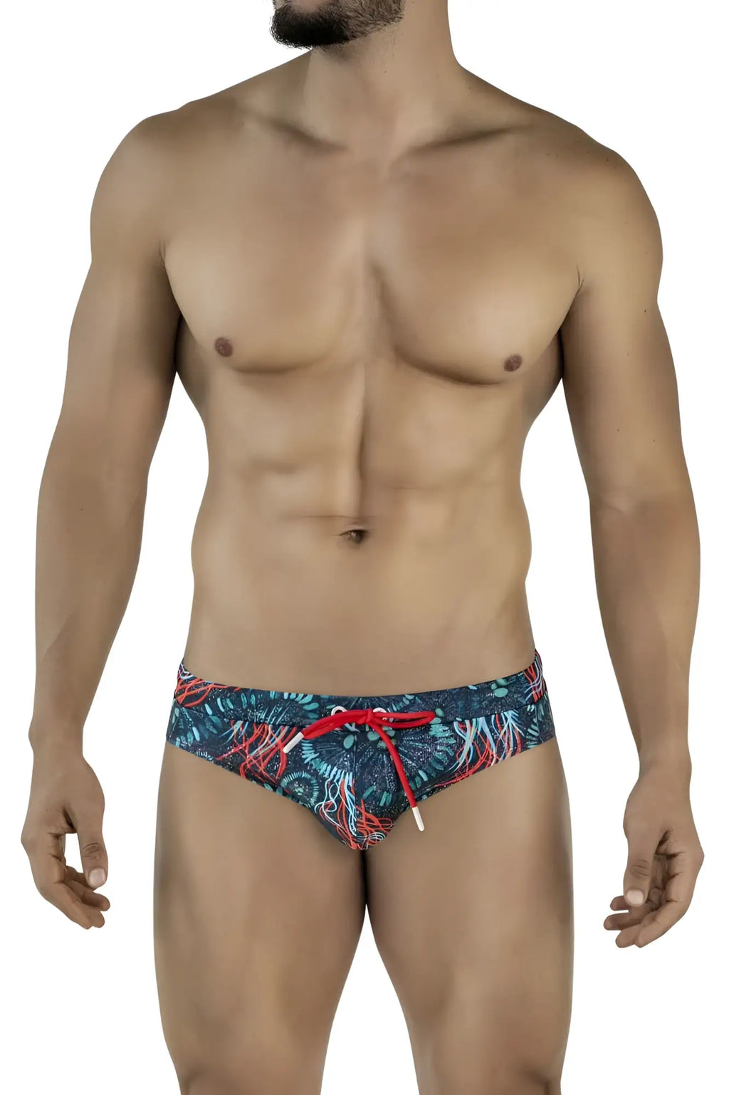 Clever 2066 malpelo swim briefs in dark blue with vibrant red and teal tropical leaf patterns and bright red drawstrings
