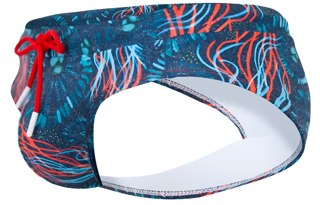 Clever 2066 malpelo swim briefs in dark blue featuring blue and red abstract pattern with white interior lining