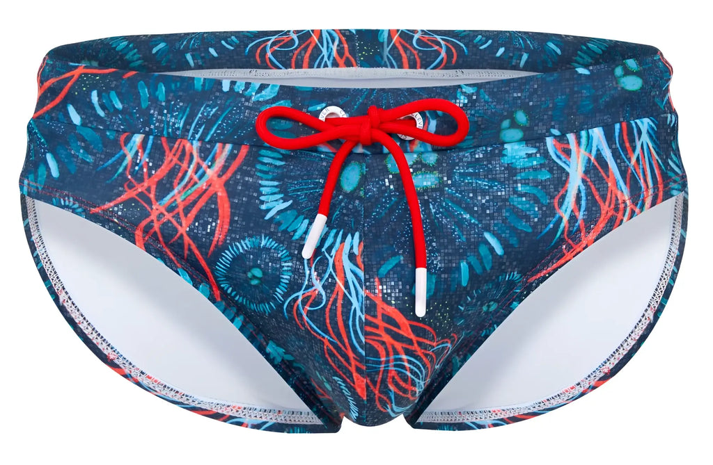 Clever 2066 Malpelo swim briefs in dark blue with blue and red jellyfish pattern and bright red drawstring
