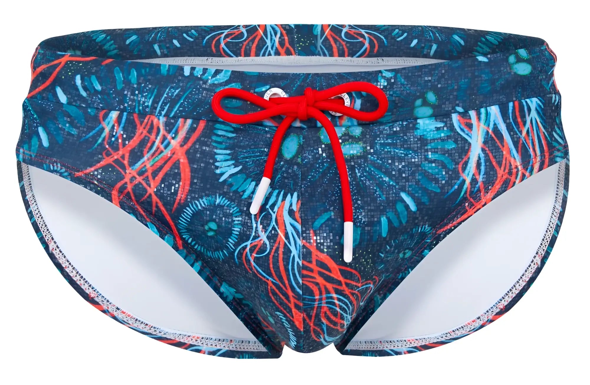 Clever 2066 Malpelo swim briefs in dark blue with blue and red jellyfish pattern and bright red drawstring