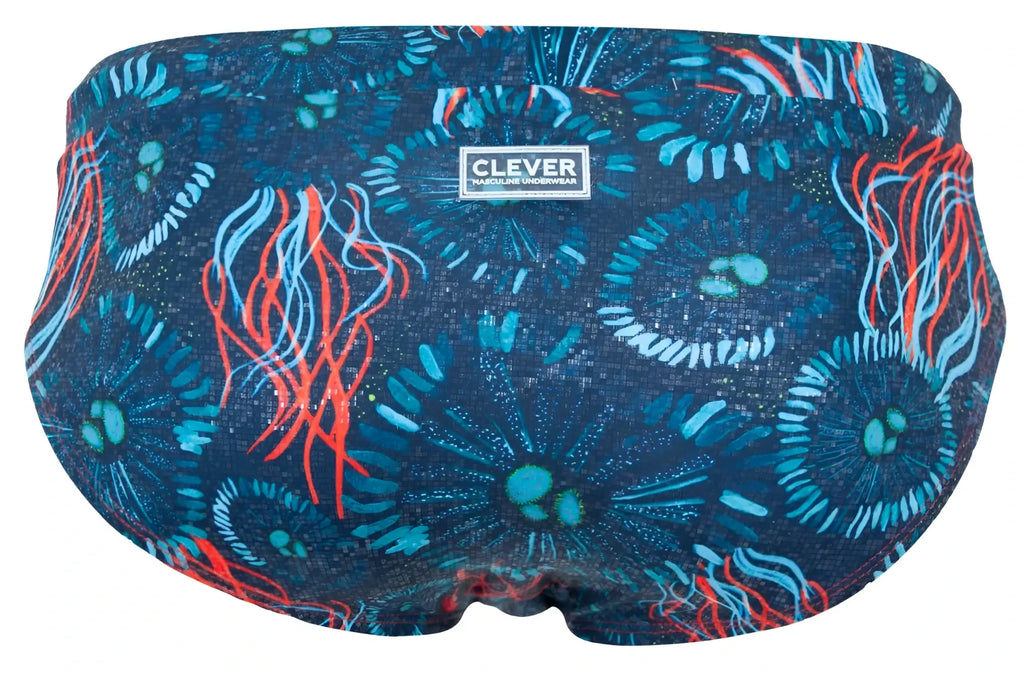 Dark blue clever 2066 malpelo swim briefs featuring blue and red jellyfish pattern for vibrant swimwear look