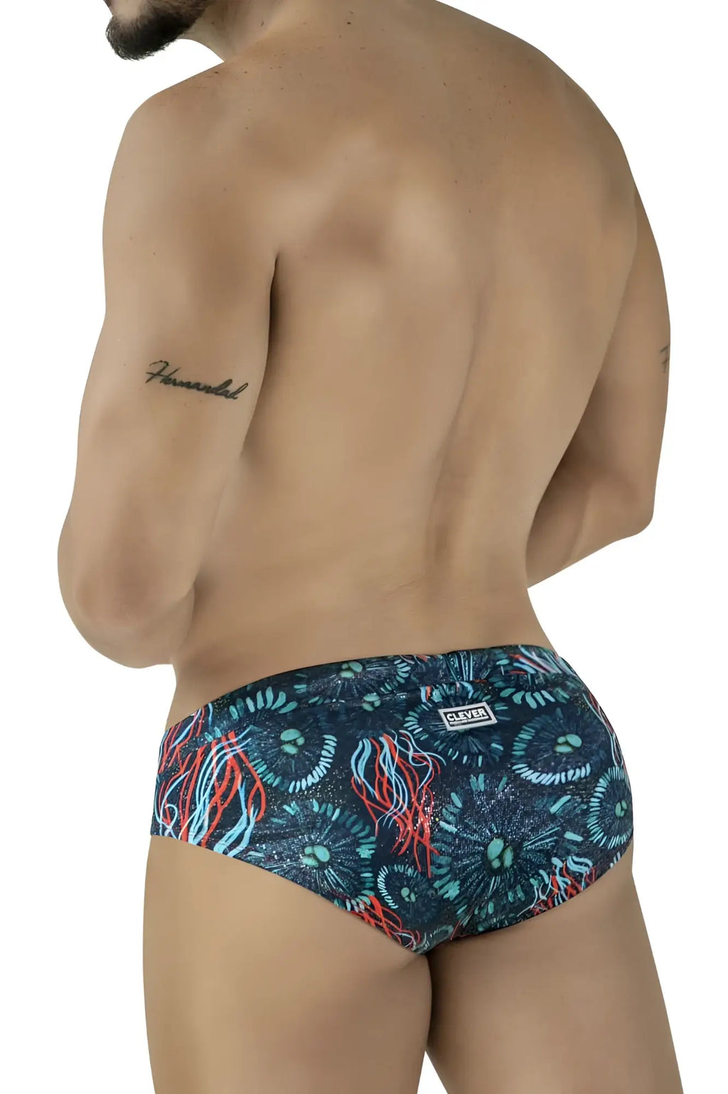 Dark blue clever 2066 malpelo swim briefs featuring vibrant red and teal jellyfish pattern with oliver waistband