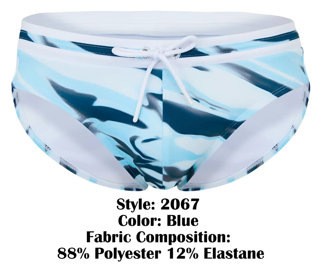 Clever 2067 baru swim briefs in blue with a white drawstring waistband and patterned side panels for swimming