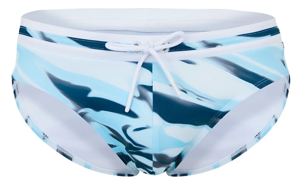 Clever 2067 baru swim briefs in blue feature blue and white camouflage pattern with a white drawstring waistband