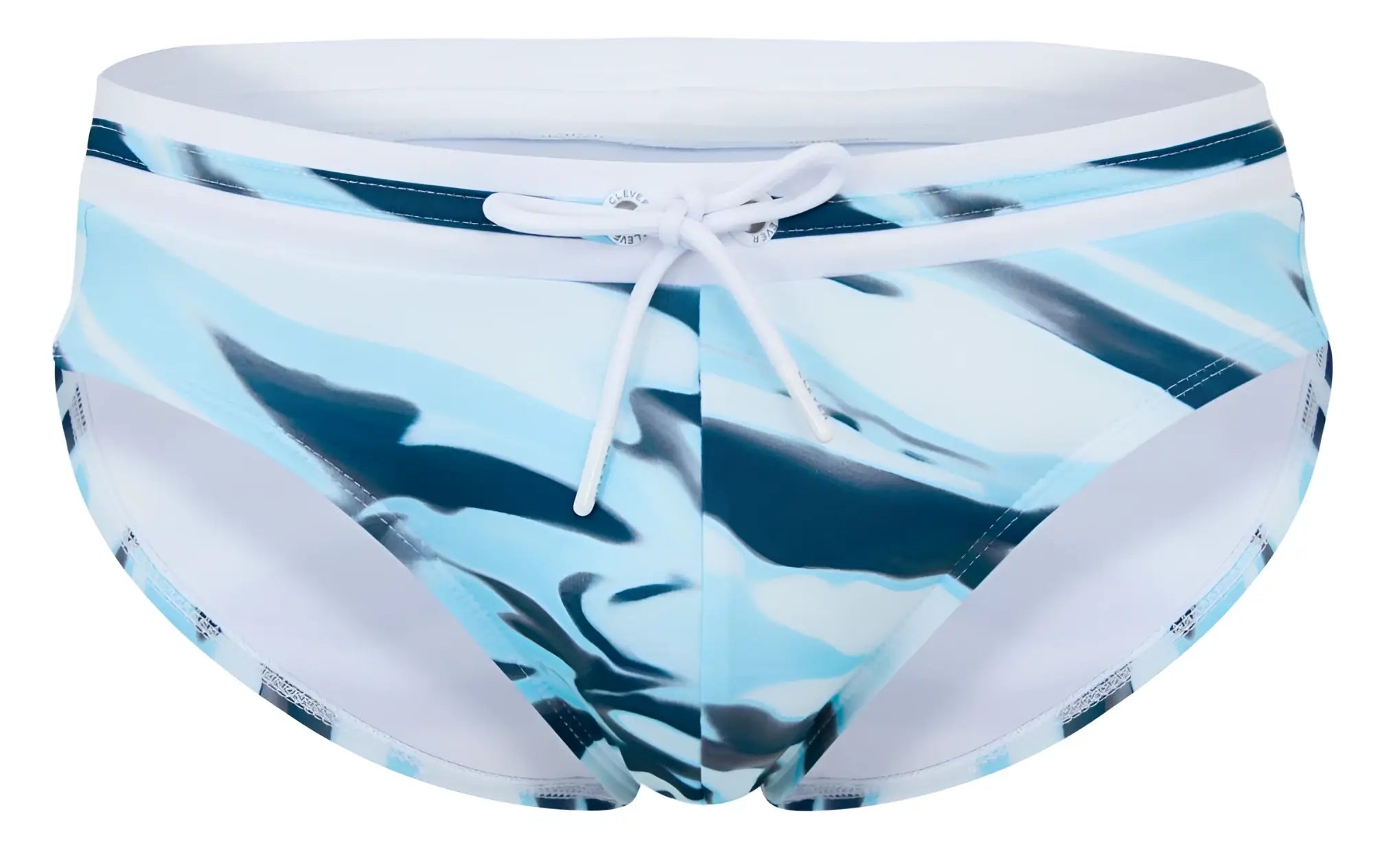Clever 2067 baru swim briefs in blue feature blue and white camouflage pattern with a white drawstring waistband