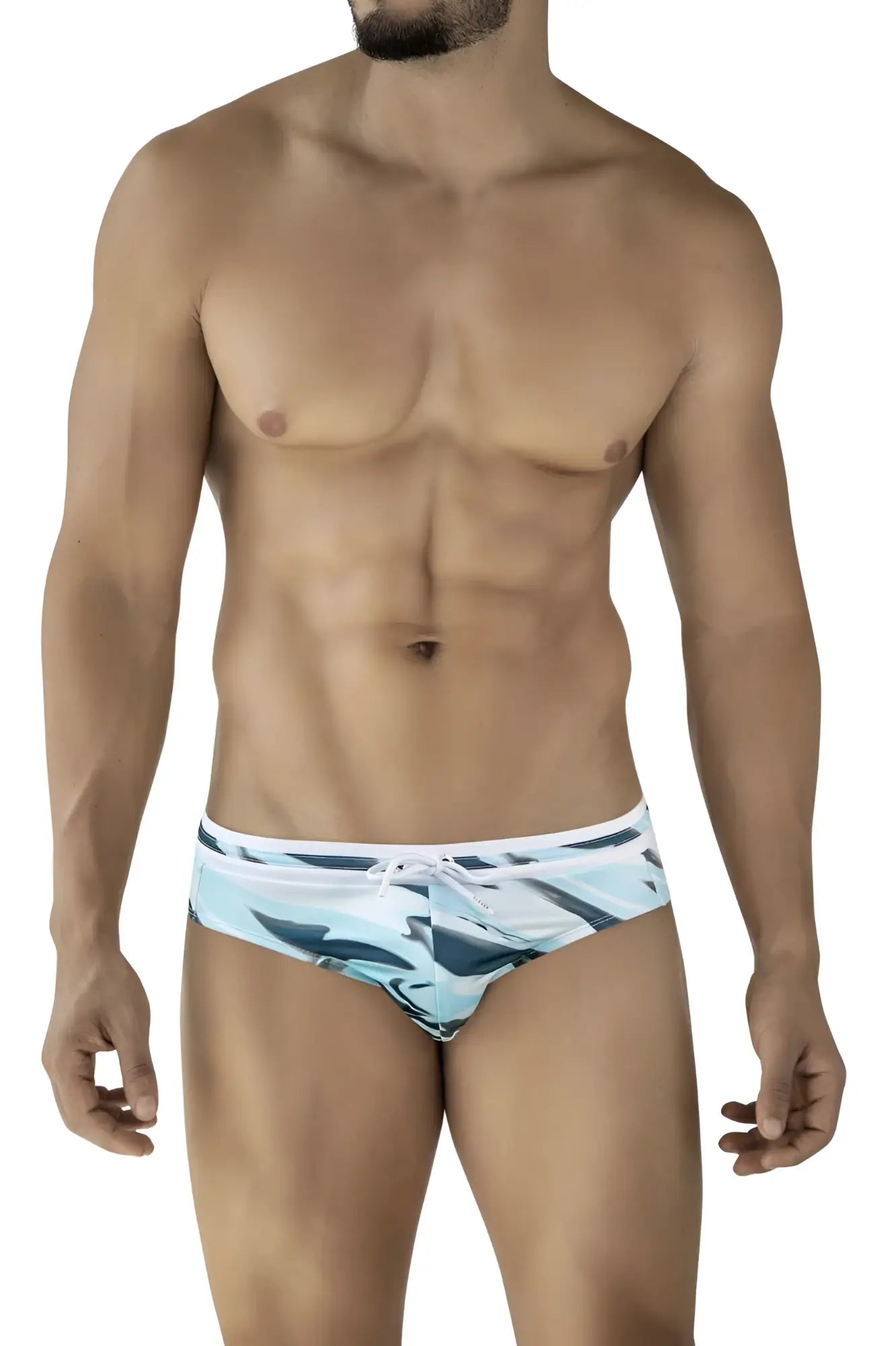 Clever 2067 baru swim briefs in blue with a blue and white patterned design and a drawstring waistband