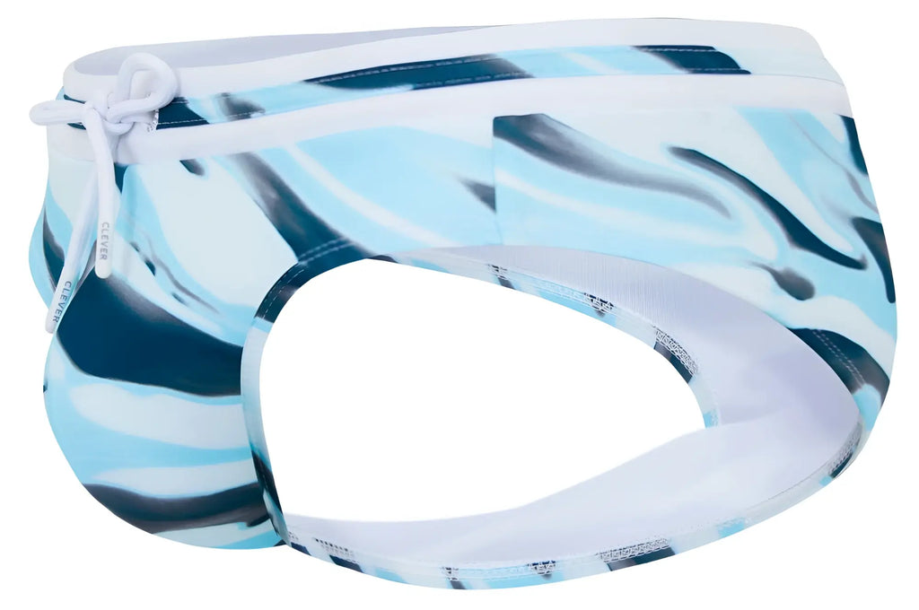 Clever 2067 baru swim briefs in blue with a blue and white patterned fabric and drawstring waistband