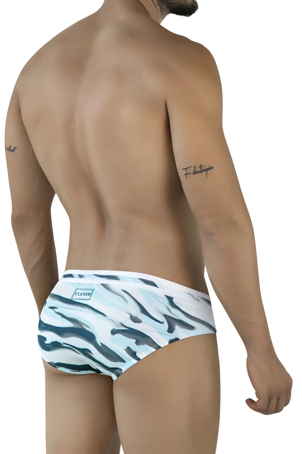 White and teal zebra-striped clever 2067 baru swim briefs with branded waistband for men in blue
