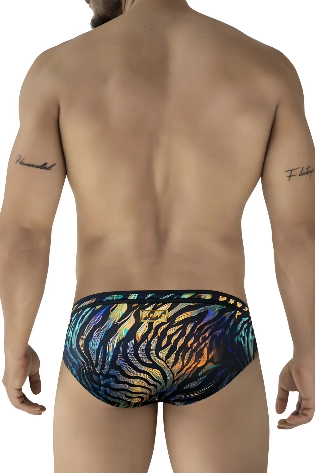 Clever 2068 tumaco swim briefs in black featuring iridescent tiger-striped holographic fabric and black elastic waistband