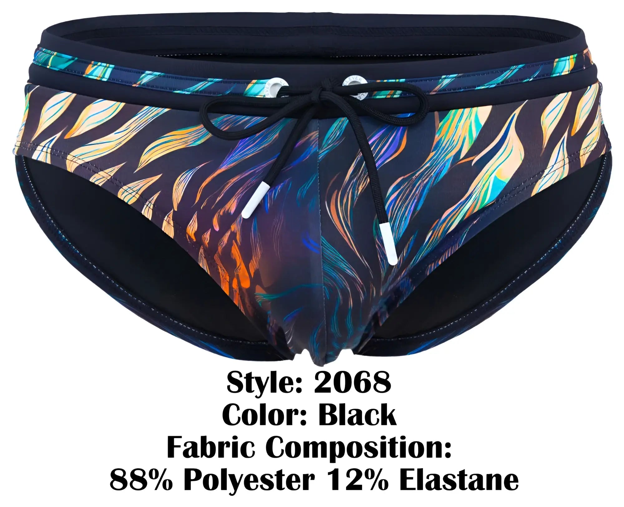 Clever 2068 tumaco swim briefs in black with vibrant iridescent blue green orange and purple feather pattern
