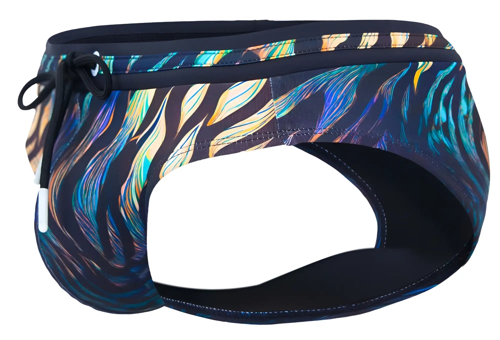 Clever 2068 tumaco swim briefs in black feature vibrant iridescent feather-patterned navy blue fabric with a black drawstring waistband