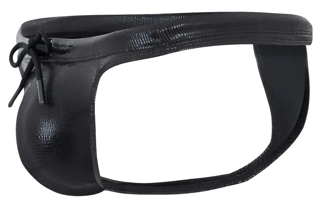 Black faux leather thong with reptile skin texture and tied bow front from clever 2071 gorgona swim thongs