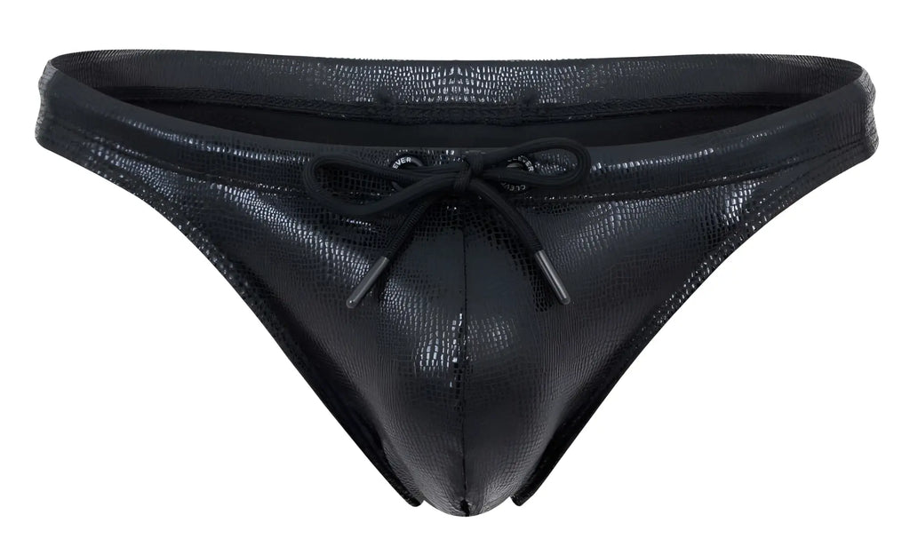 Black faux leather thong with textured crocodile pattern and matching drawstring tie from clever 2071 gorgona swim thongs