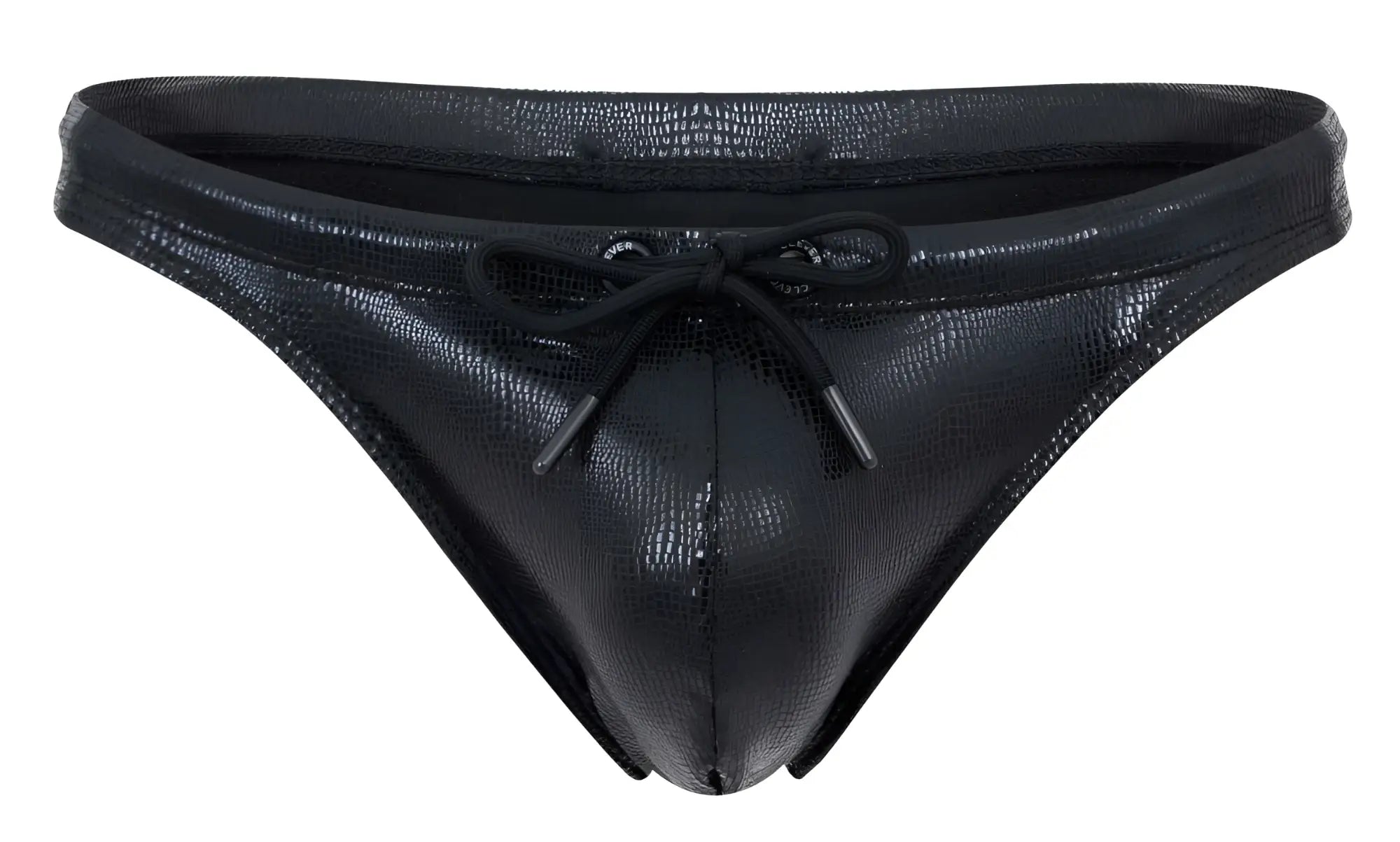Black faux leather thong with textured crocodile pattern and matching drawstring tie from clever 2071 gorgona swim thongs