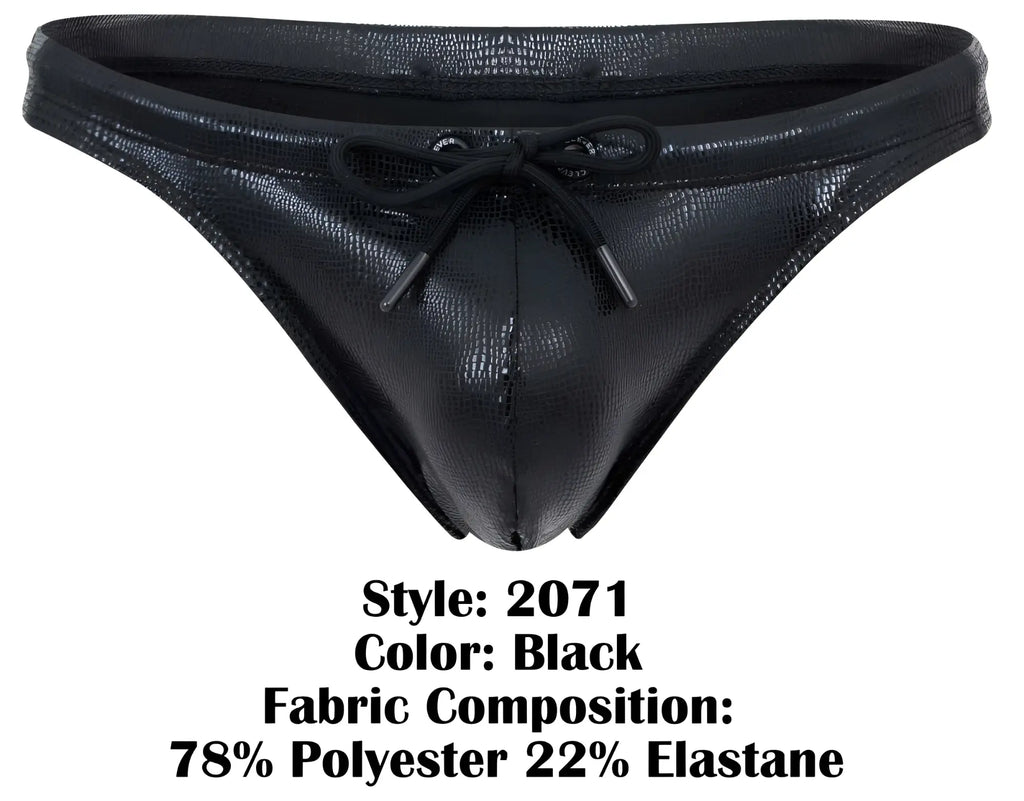 Black shiny faux leather thong with textured crocodile pattern and black drawstring bow clever 2071 gorgona swim thong