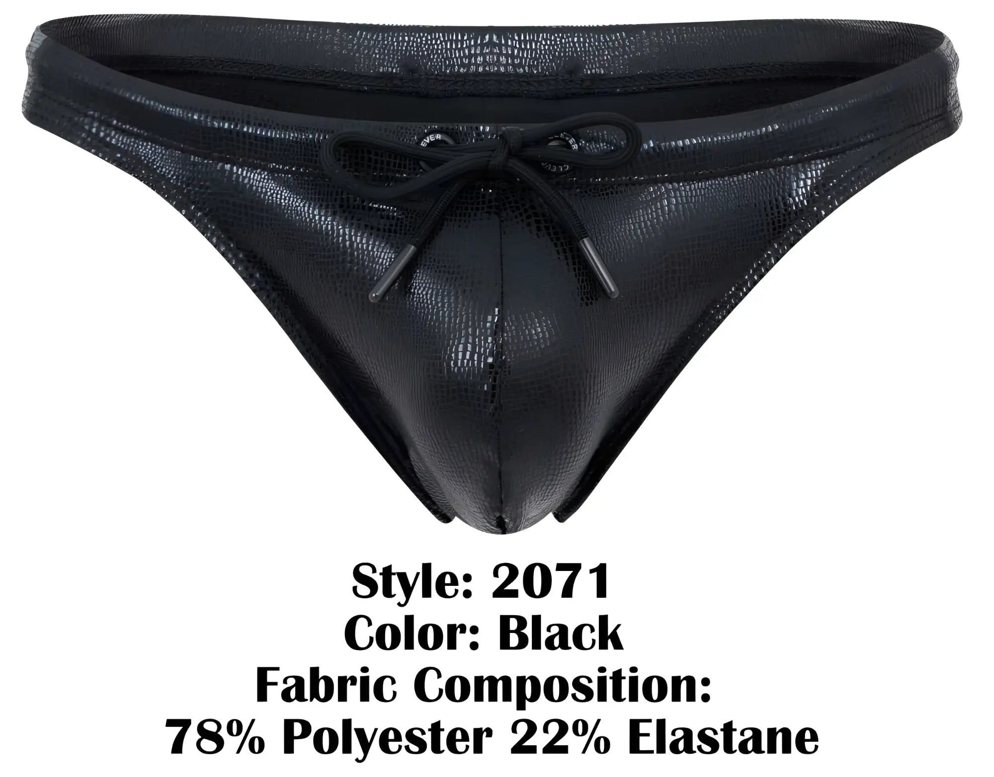 Black shiny faux leather thong with textured crocodile pattern and black drawstring bow clever 2071 gorgona swim thong