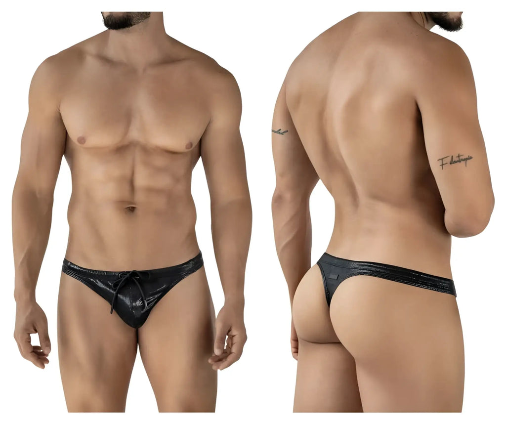 Black shiny latex swim thong with drawstring waistband showing back side from clever 2071 gorgona collection