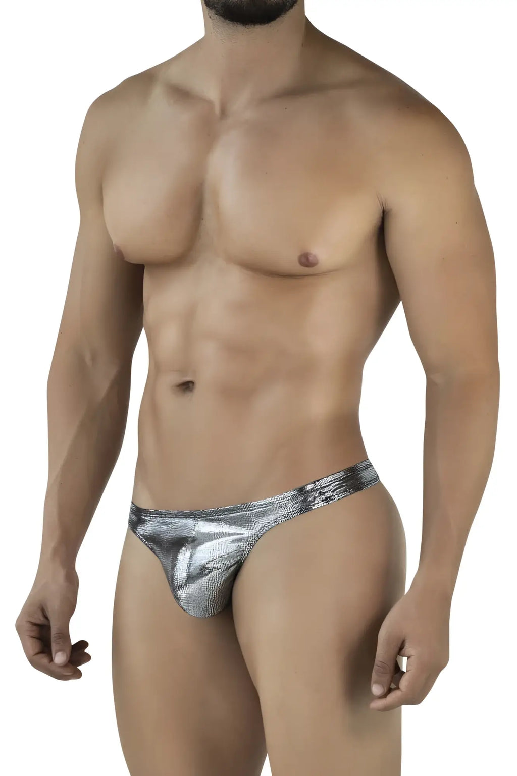 Shiny silver metallic briefs with a textured reflective surface from clever 2072 sparkles thongs color black collection