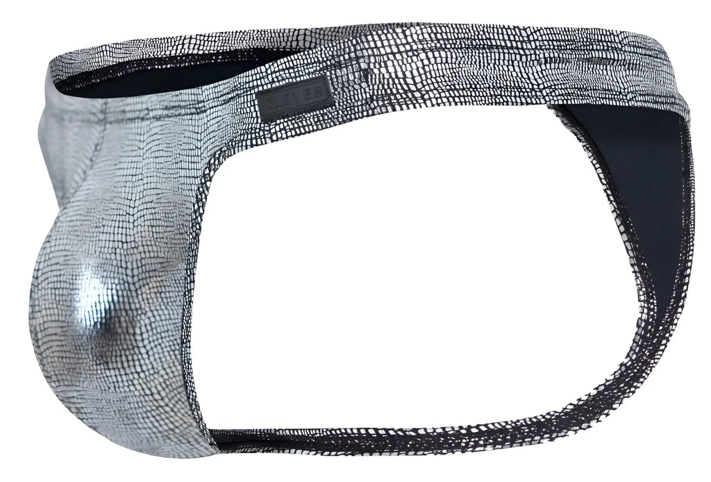 Silver metallic snake-skin patterned men’s thong with black mesh trim and clever branded label in black