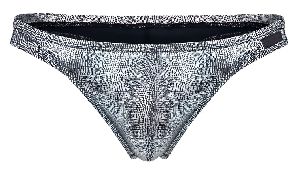 Silver metallic briefs with a textured crocodile skin pattern from clever 2072 sparkles thongs in black