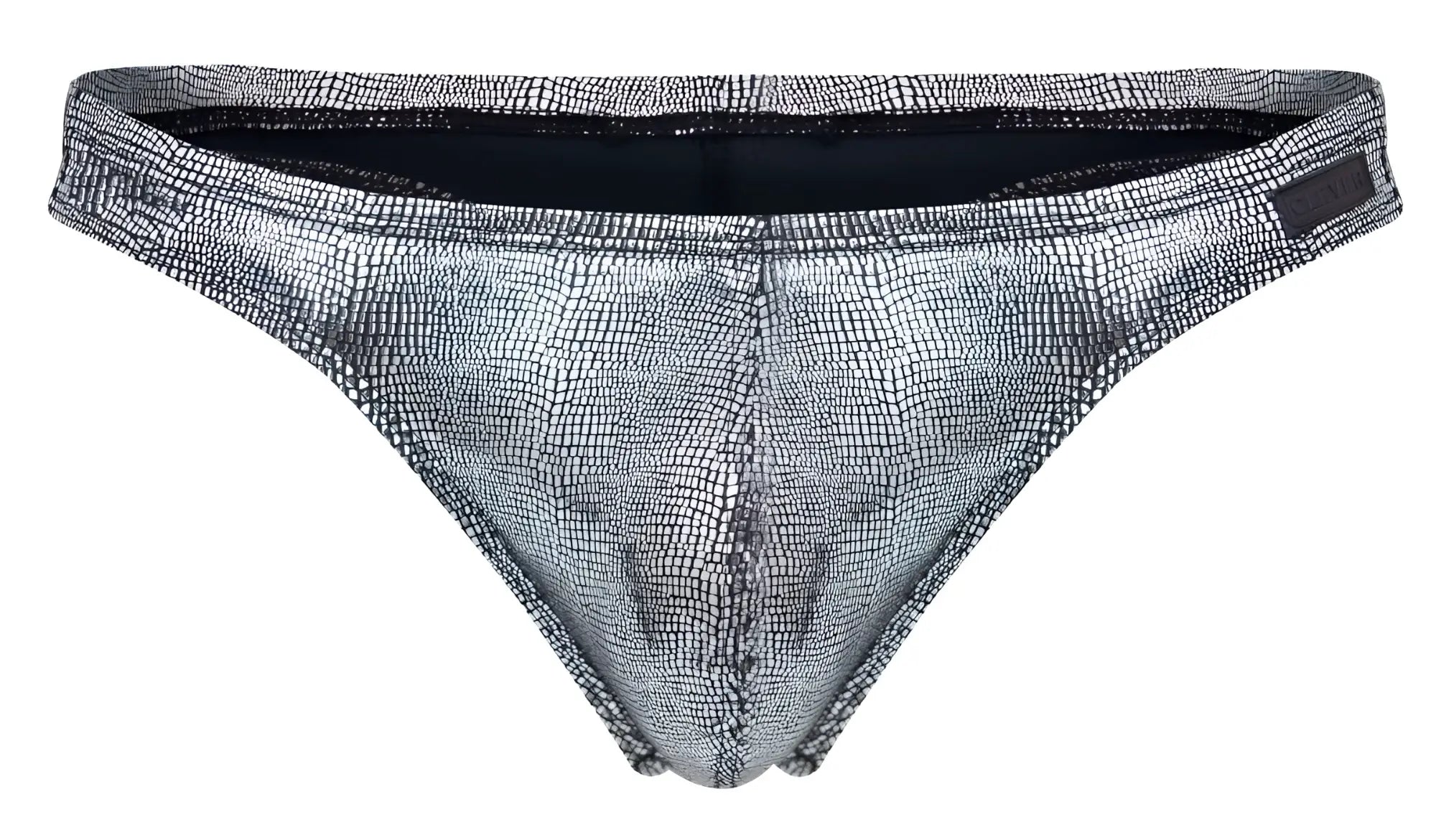 Silver metallic briefs with a textured crocodile skin pattern from clever 2072 sparkles thongs in black