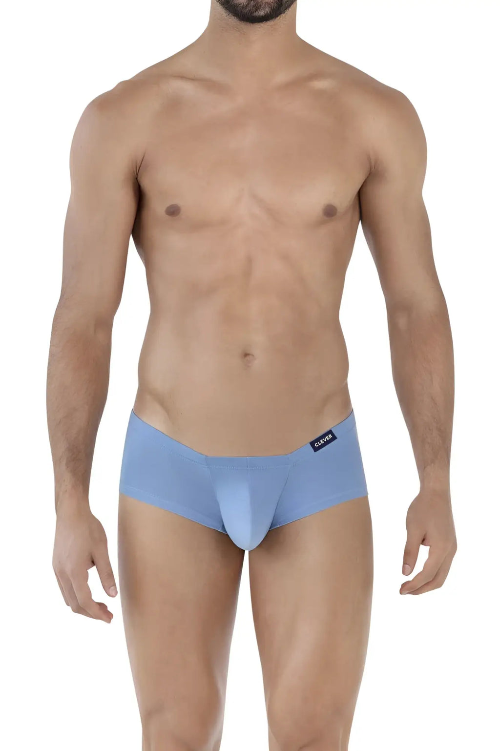 Light blue form-fitting clever 229929 men’s briefs with sleek fabric and black brand tag on waistband in australian latin trunks 3pk