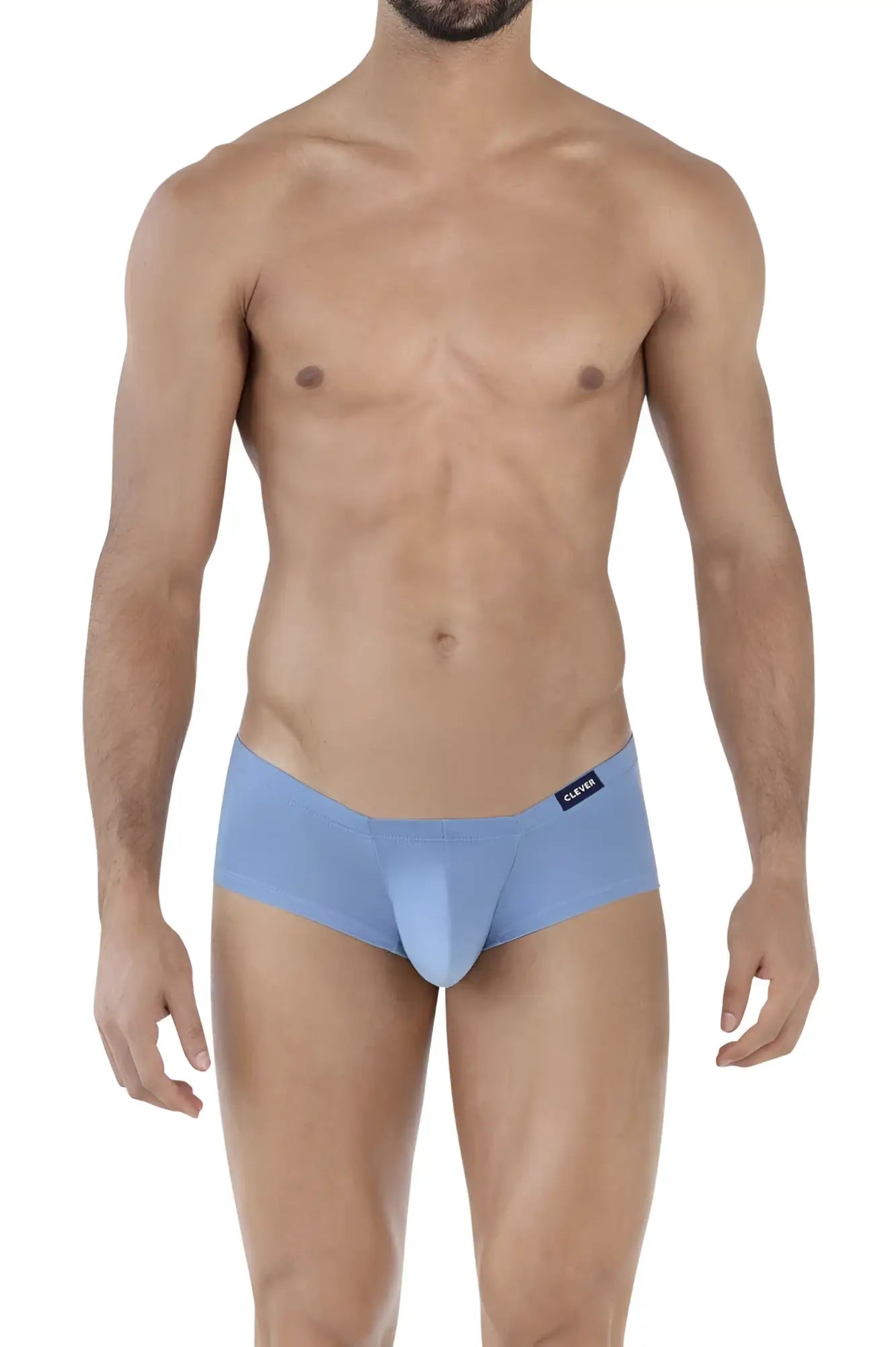 Light blue form-fitting clever 229929 men’s briefs with sleek fabric and black brand tag on waistband in australian latin trunks 3pk