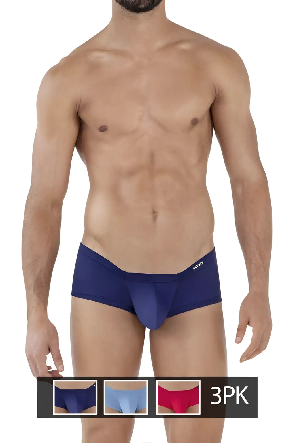 Navy blue men’s briefs with smooth form fitting design and clover embroidery on waistband from clever 229929 trunks pack