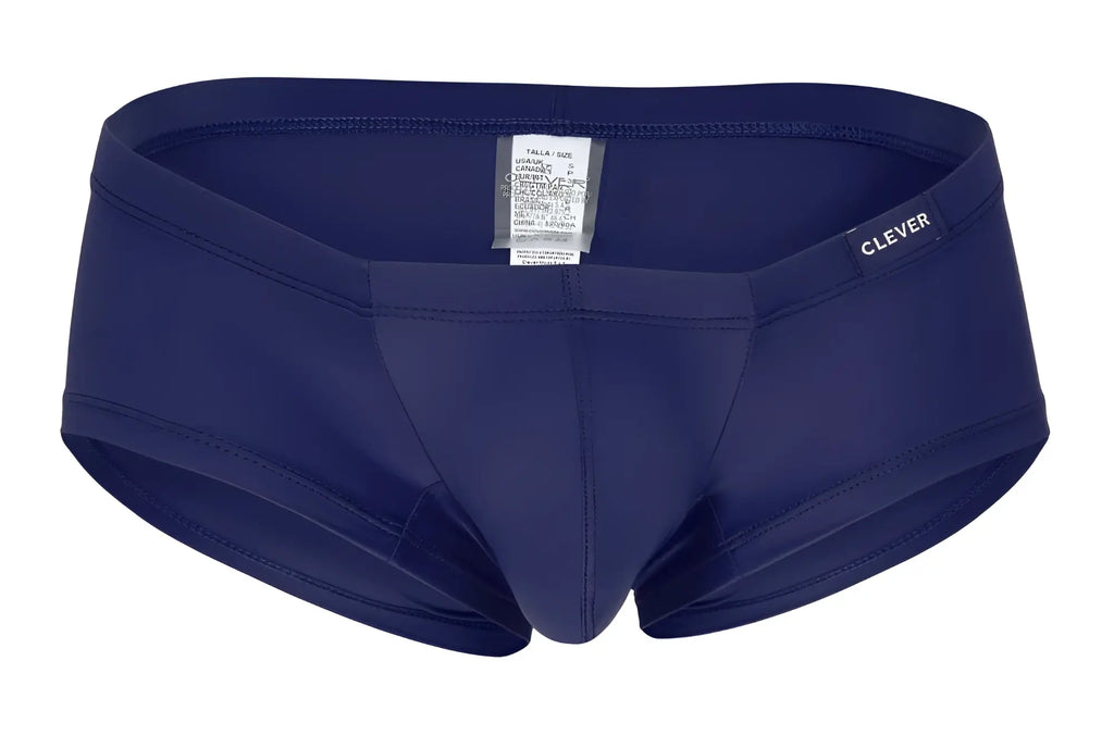Navy blue men’s swim trunks by Clever from the 3PK Australian Latin Trunks set featuring red blue and dark blue colors