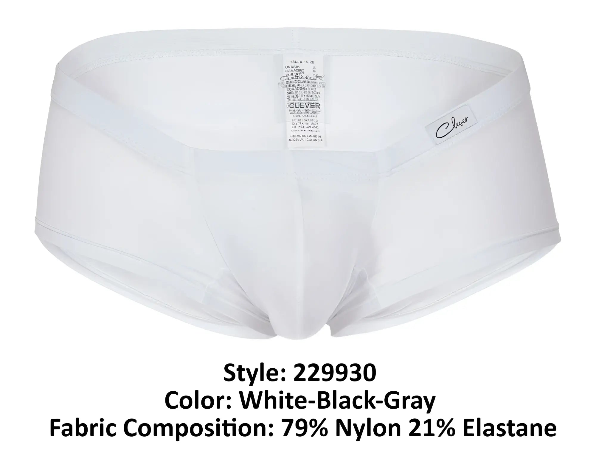 White clever 229930 briefs with subtle black and gray trim made from 79 nylon 21 elastane fabric