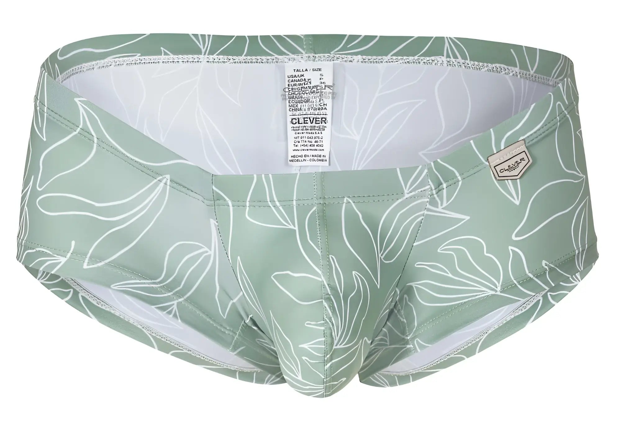 Mint green swim trunks with white leaf pattern and branded tag from clever 229934 3pk australian latin trunks collection